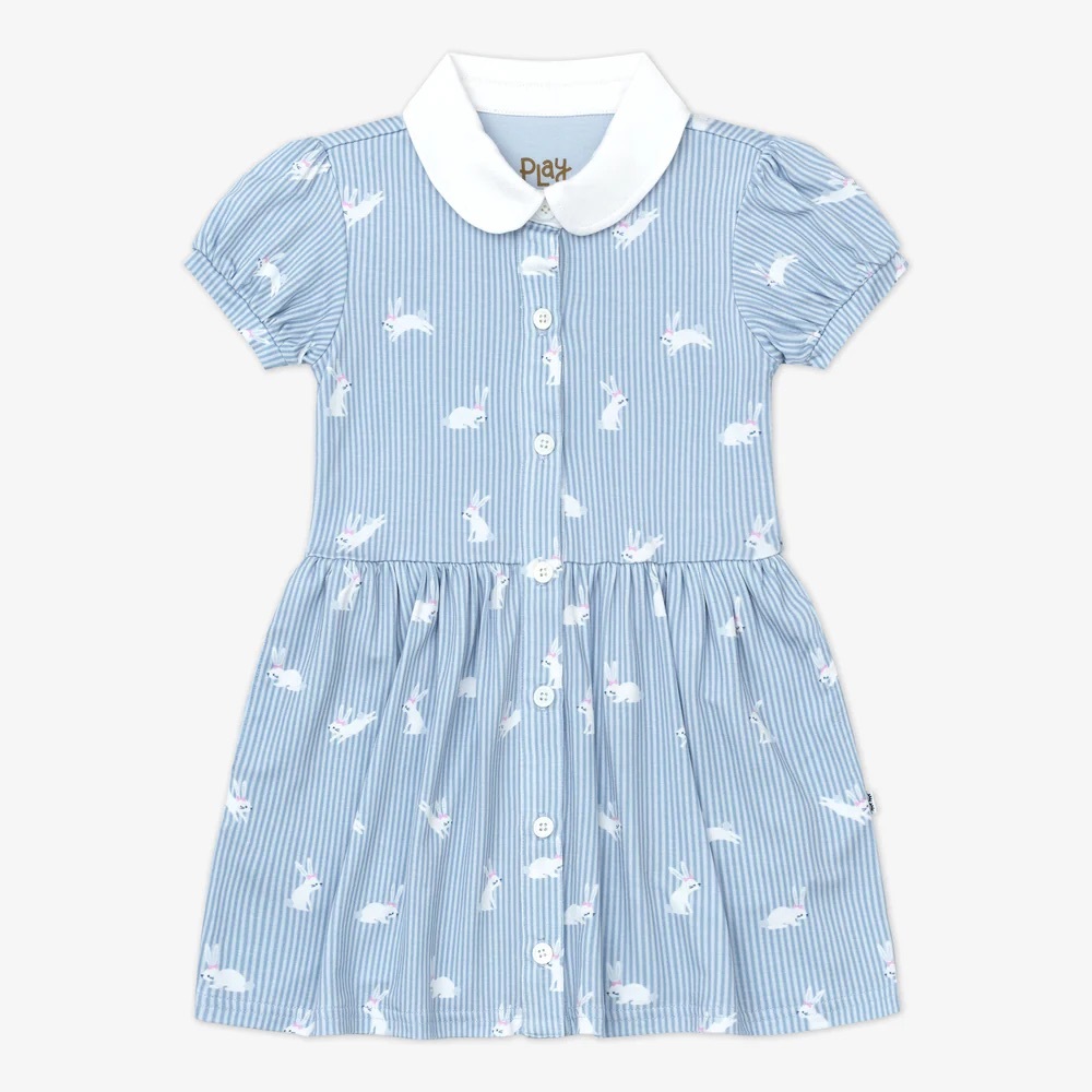 💙 Brand New Little Sleepies Blue and White Striped Dress with Bunny Design